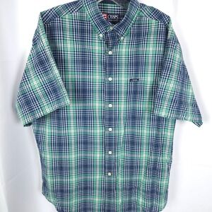 VTG Chaps Ralph Lauren Plaid Button Down Mens Large Green Blue Short Sleeve